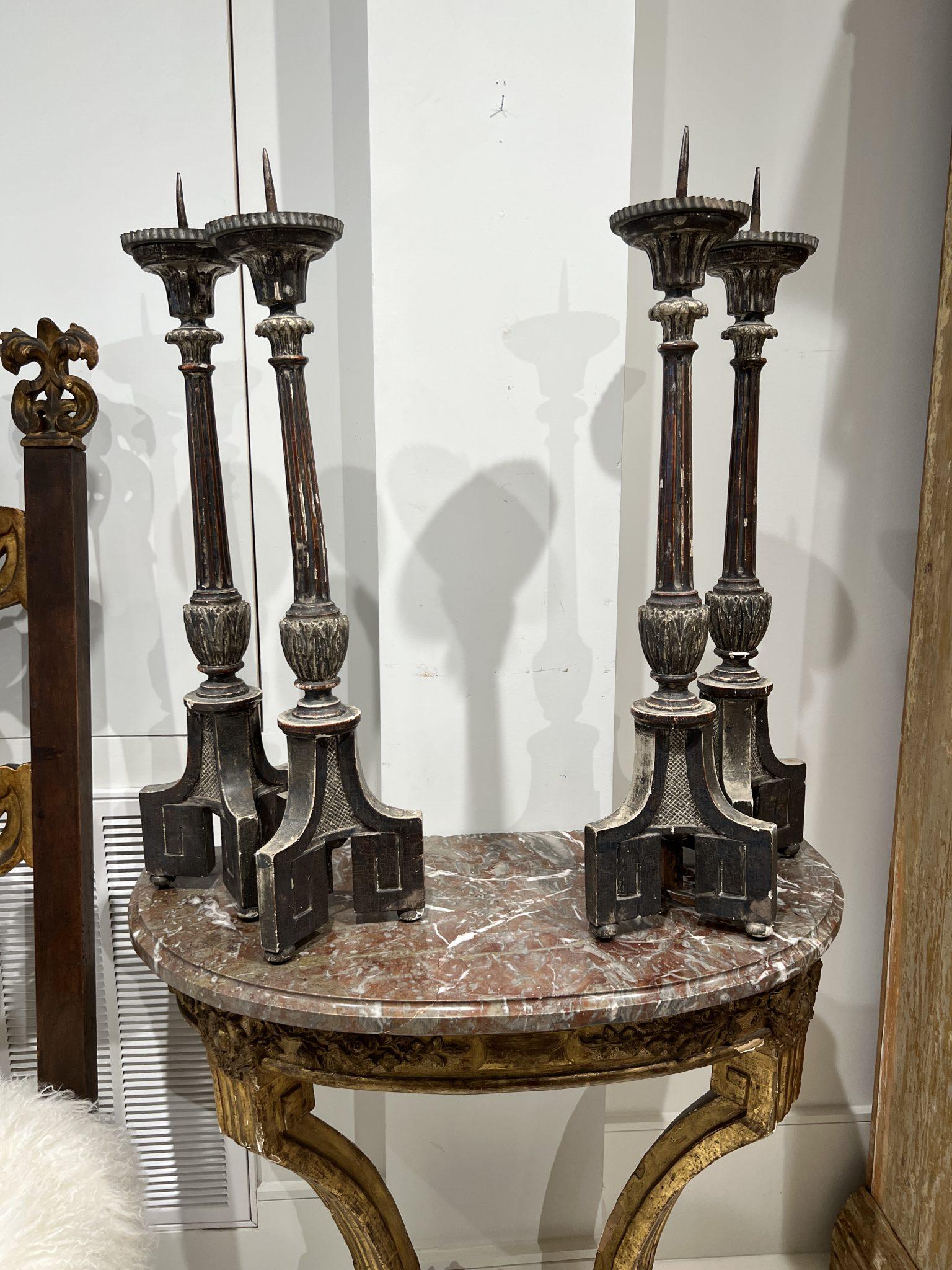Wood Pair of 18th Century Epoque Silverleaf Candlesticks 'One Set Available
