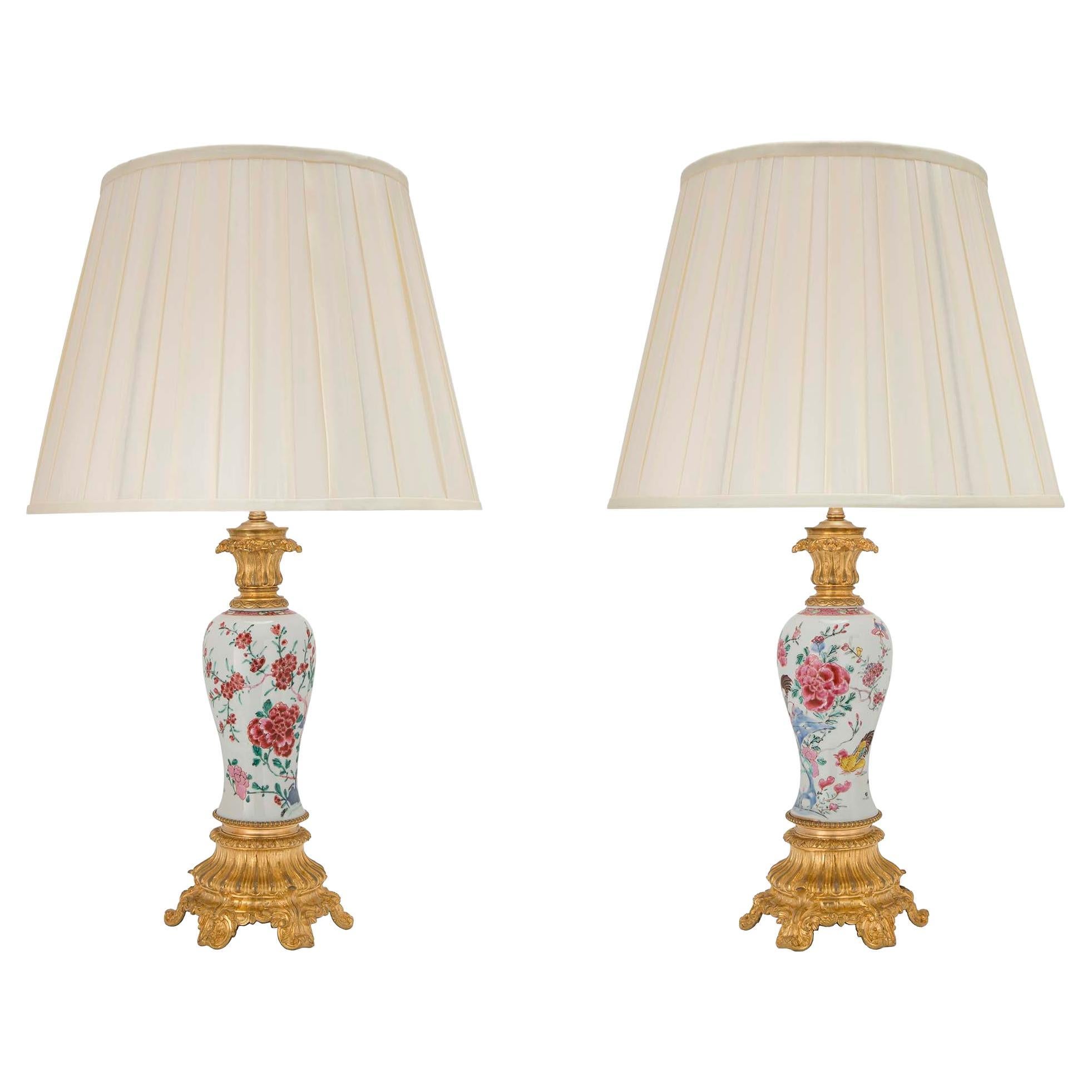 Pair of 18th Century Famille Rose Porcelain Vase Lamps For Sale