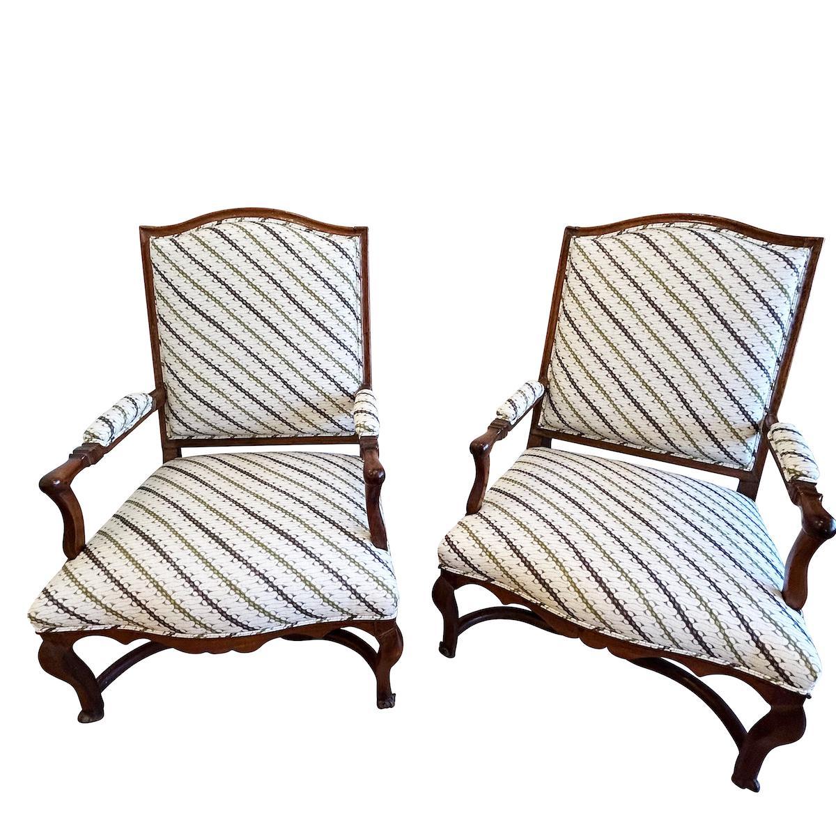 Louis XIV Pair of 18th Century Fauteuils Chairs, Newly Upholstered in Schumacher Fabric For Sale