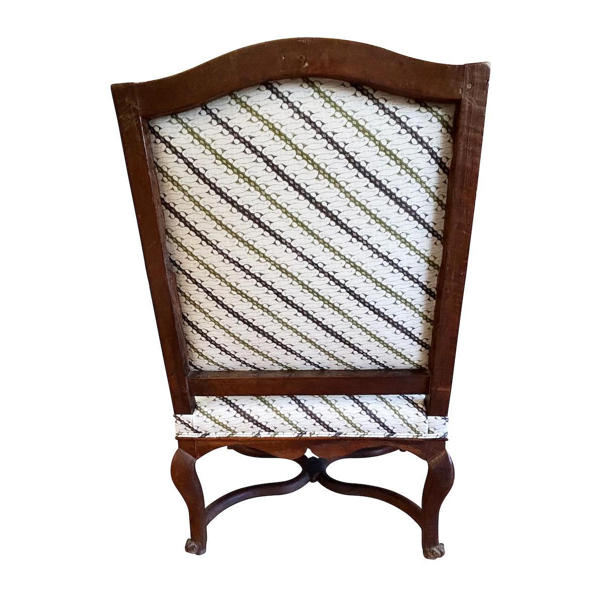 French Pair of 18th Century Fauteuils Chairs, Newly Upholstered in Schumacher Fabric For Sale