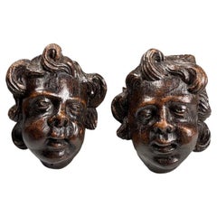 Pair of 18th Century Flemish Carved Wooden Cherub (Putto) Heads