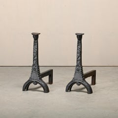 Pair of Antique French Andirons / Firedogs with faces and flower motif