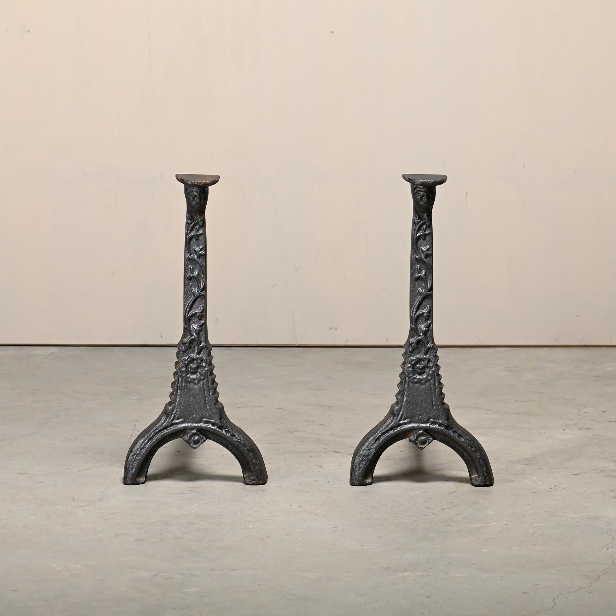 Renaissance Revival Pair of 18th Century French Andirons / Firedogs with faces and flower motif For Sale