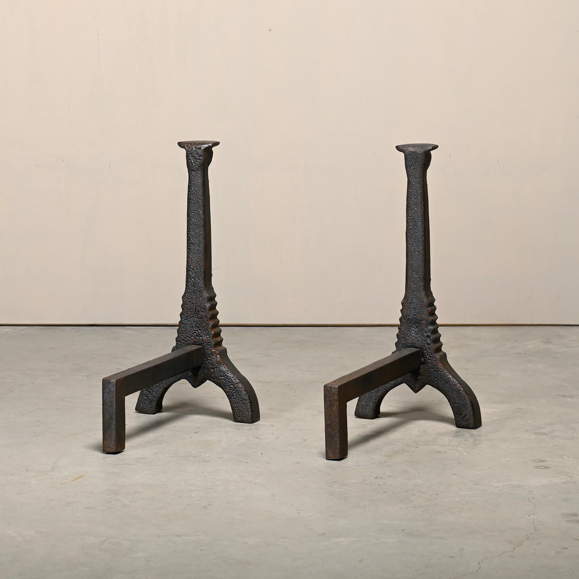 Cast Pair of 18th Century French Andirons / Firedogs with faces and flower motif For Sale