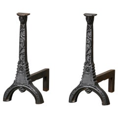 Pair of 18th Century French Andirons / Firedogs with faces and flower motif