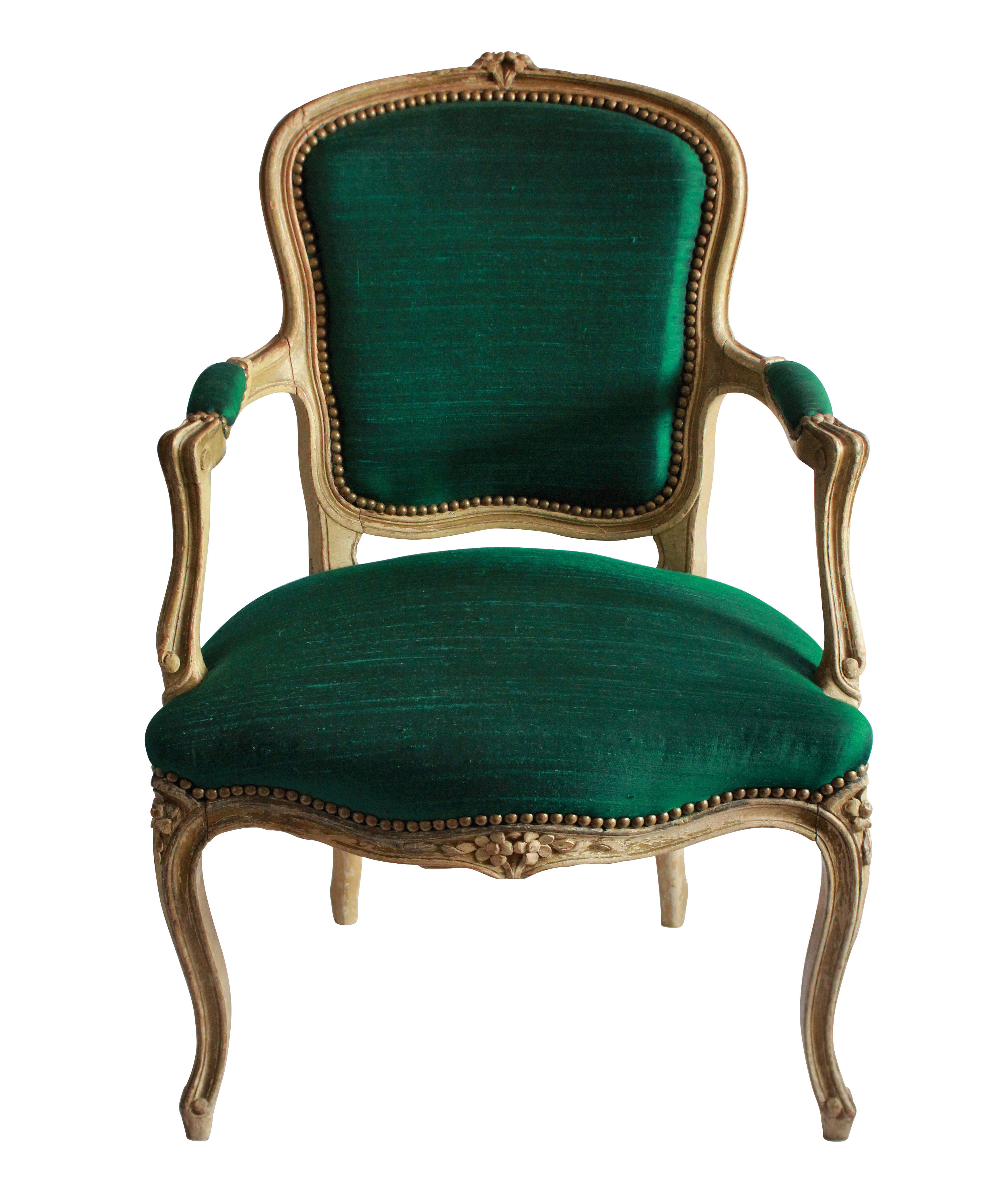 Pair of 18th Century French Armchairs in Emerald Silk In Good Condition In London, GB