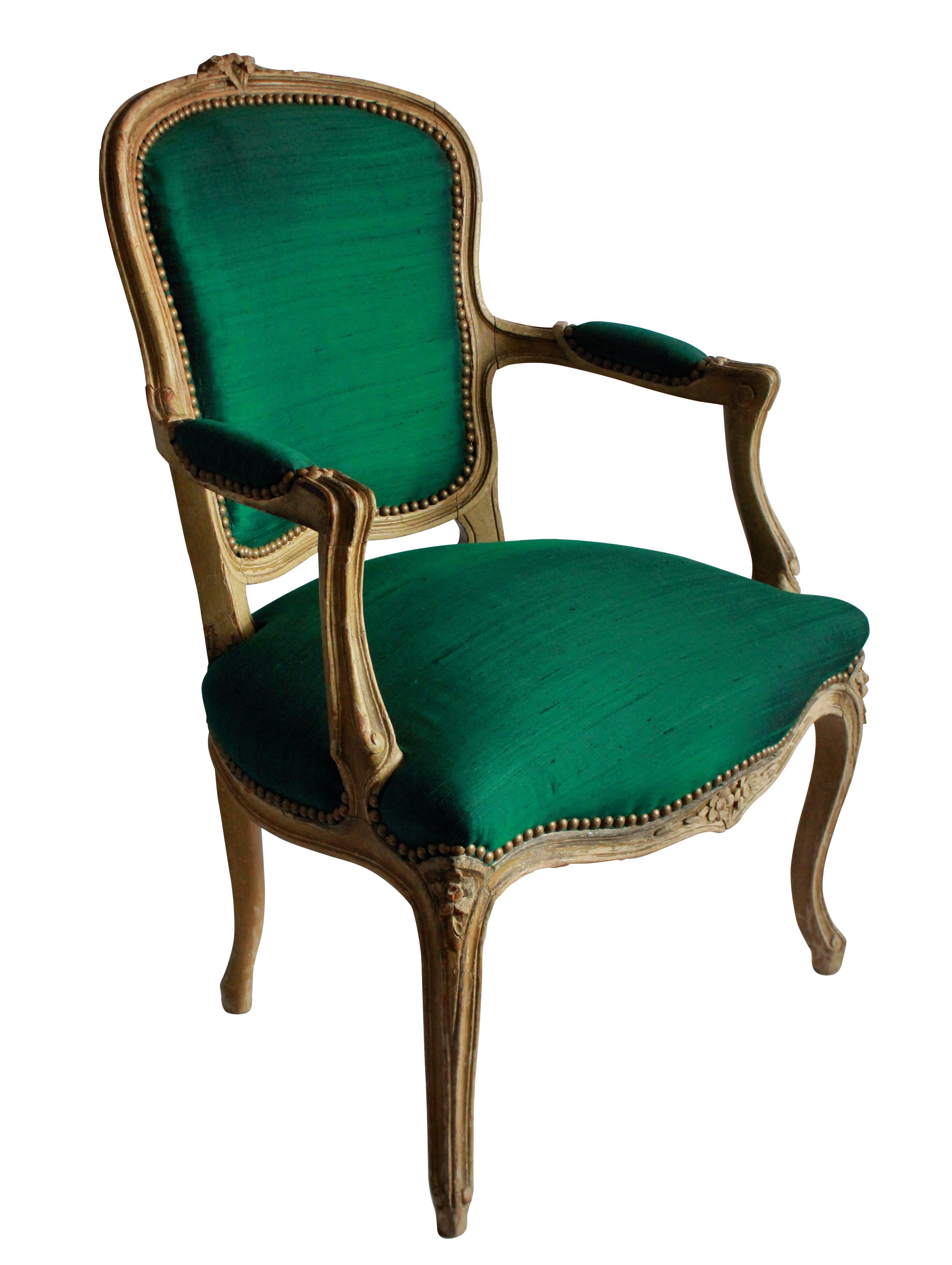 Fruitwood Pair of 18th Century French Armchairs in Emerald Silk