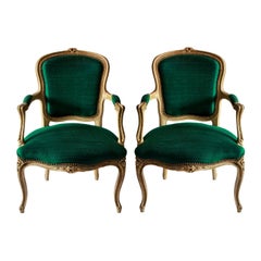 Pair of 18th Century French Armchairs in Emerald Silk