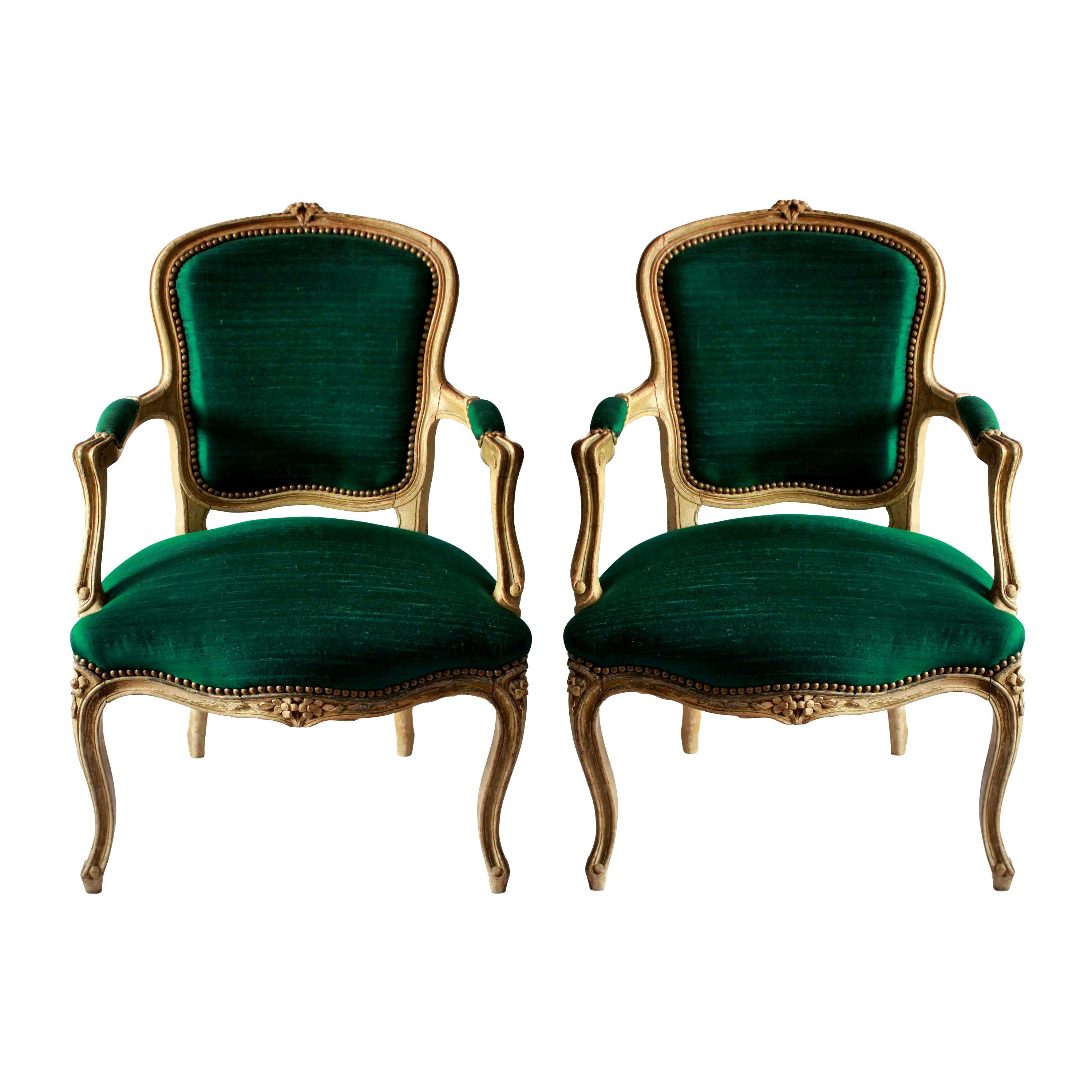 Pair of 18th Century French Armchairs in Emerald Silk