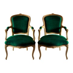 Pair of 18th Century French Armchairs in Emerald Silk