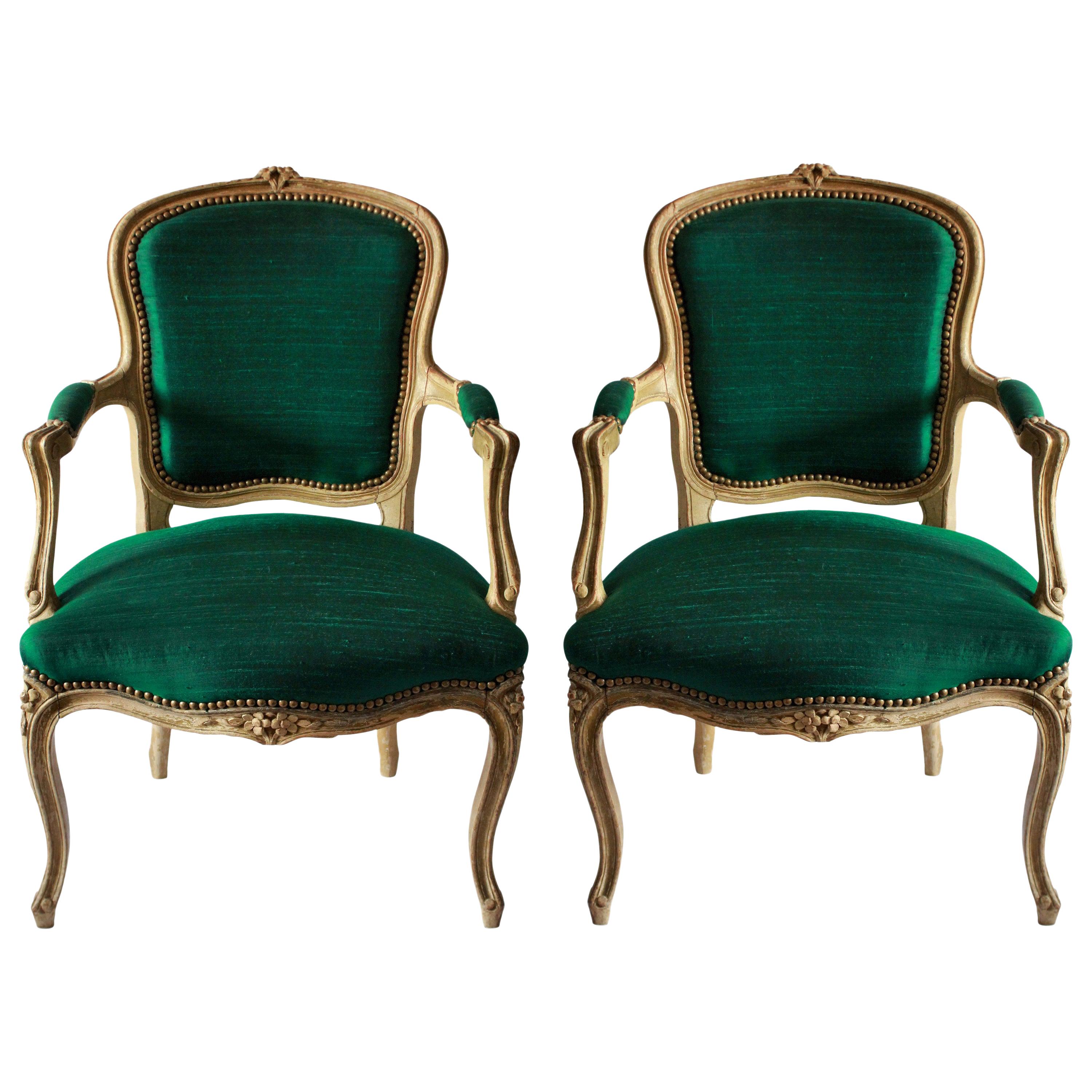 Pair of 18th Century French Armchairs in Emerald Silk For Sale at 1stDibs
