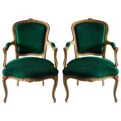 Pair of 18th Century French Armchairs in Emerald Silk
