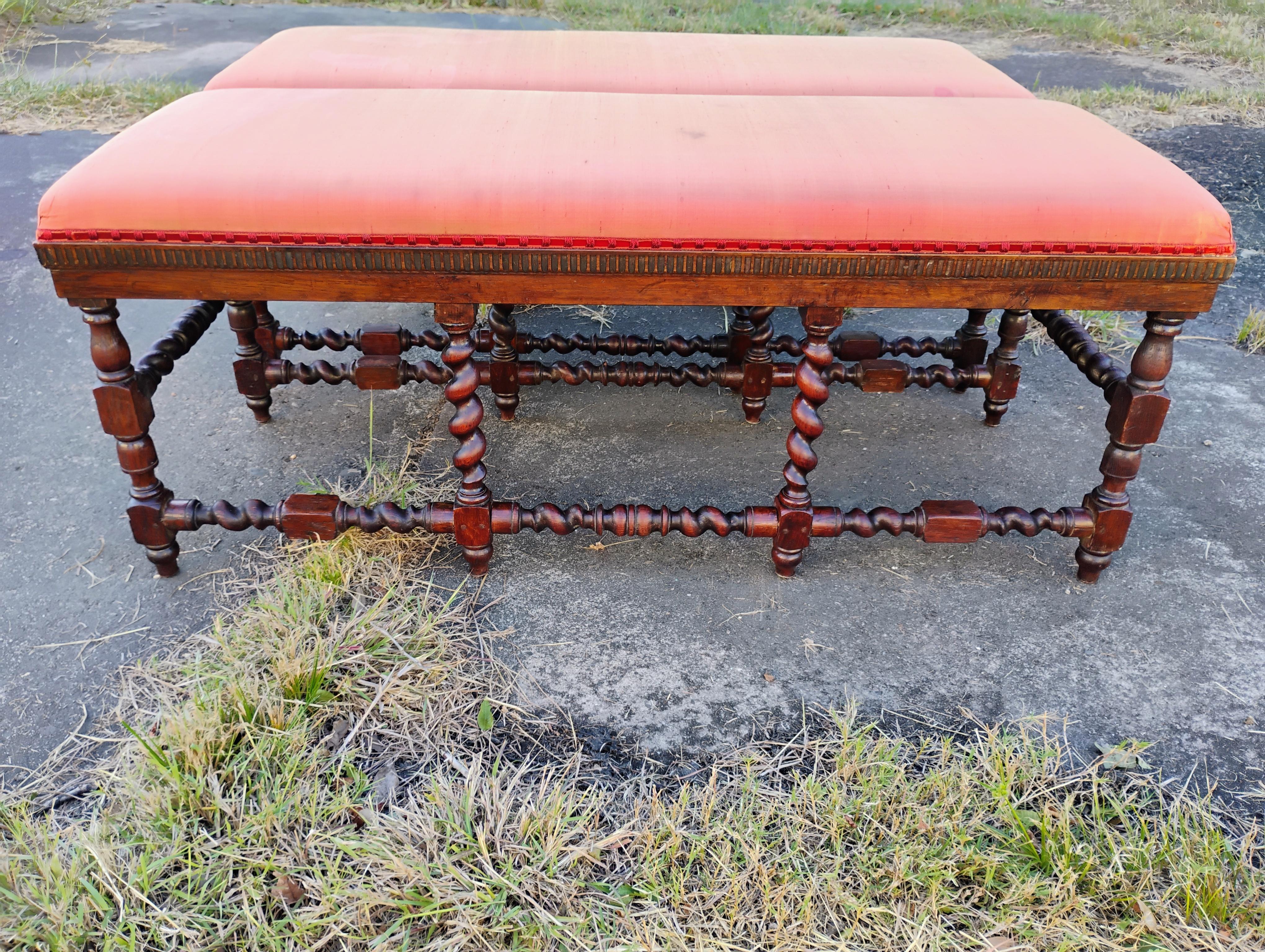 18th Century and Earlier Pair of Finely Crafted 18th Century Louis XIV French Barley Twist Oak Benches For Sale