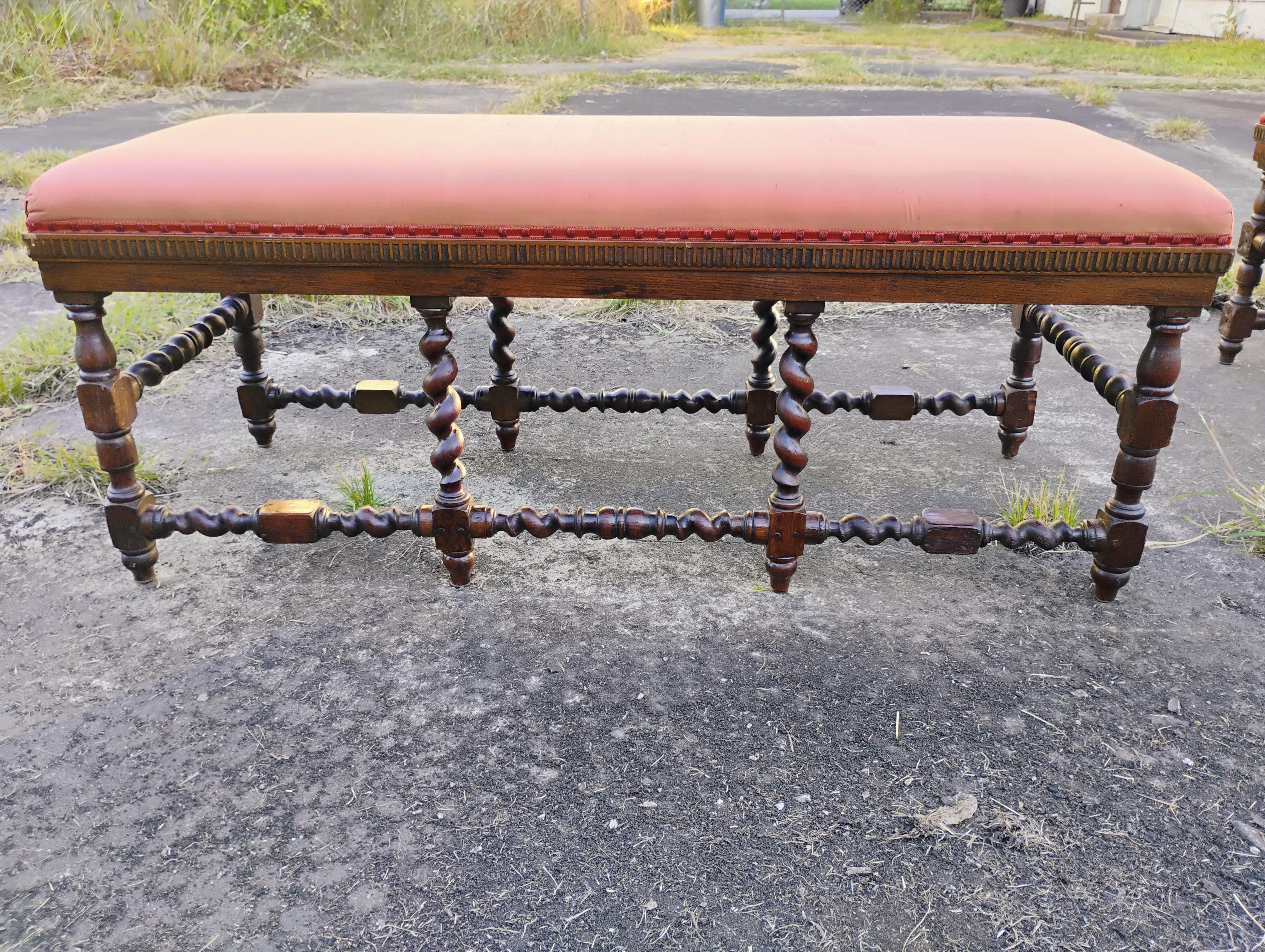Pair of Finely Crafted 18th Century Louis XIV French Barley Twist Oak Benches For Sale 4