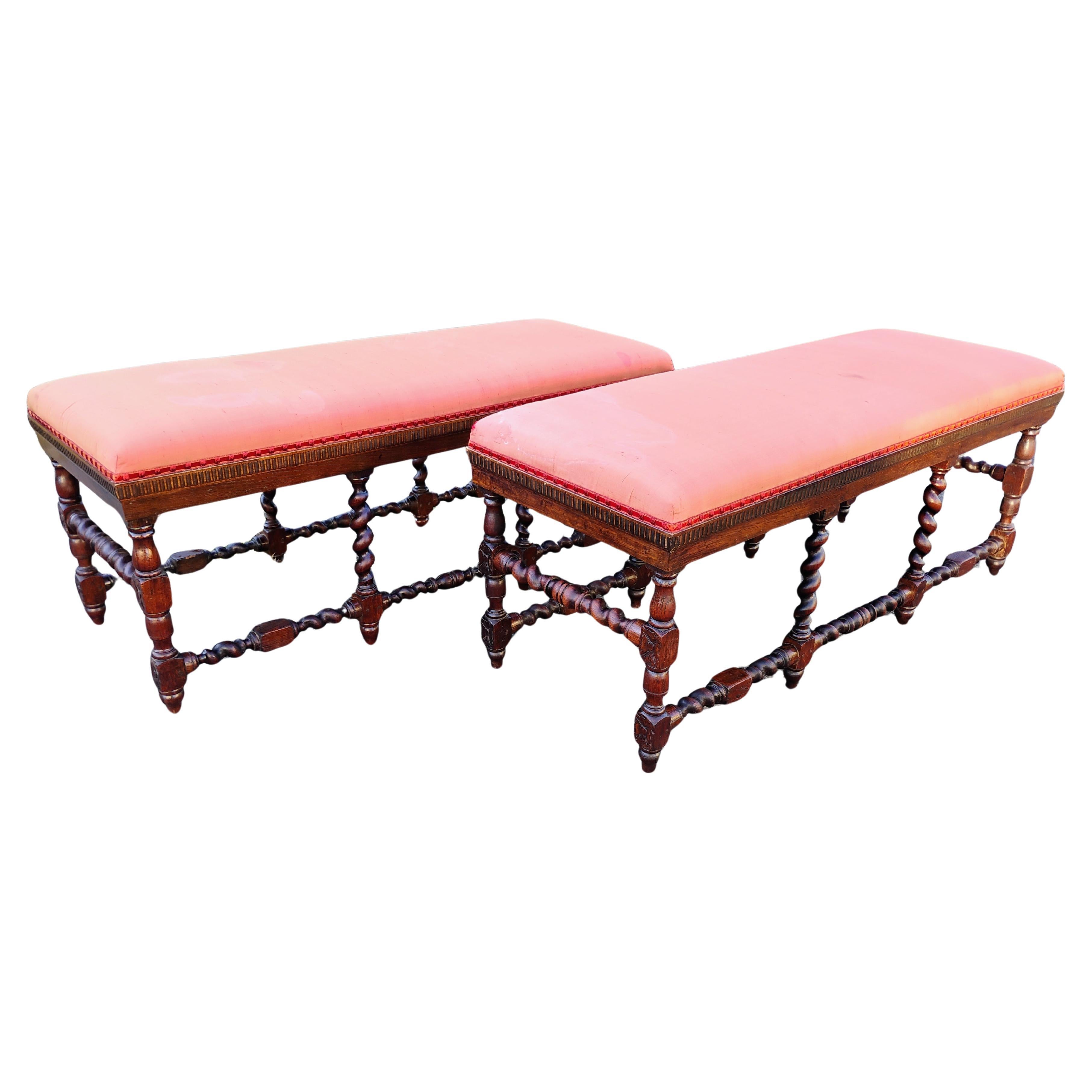 Pair of Finely Crafted 18th Century Louis XIV French Barley Twist Oak Benches For Sale