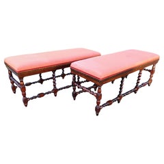 Pair of Finely Crafted 18th Century Louis XIV French Barley Twist Oak Benches