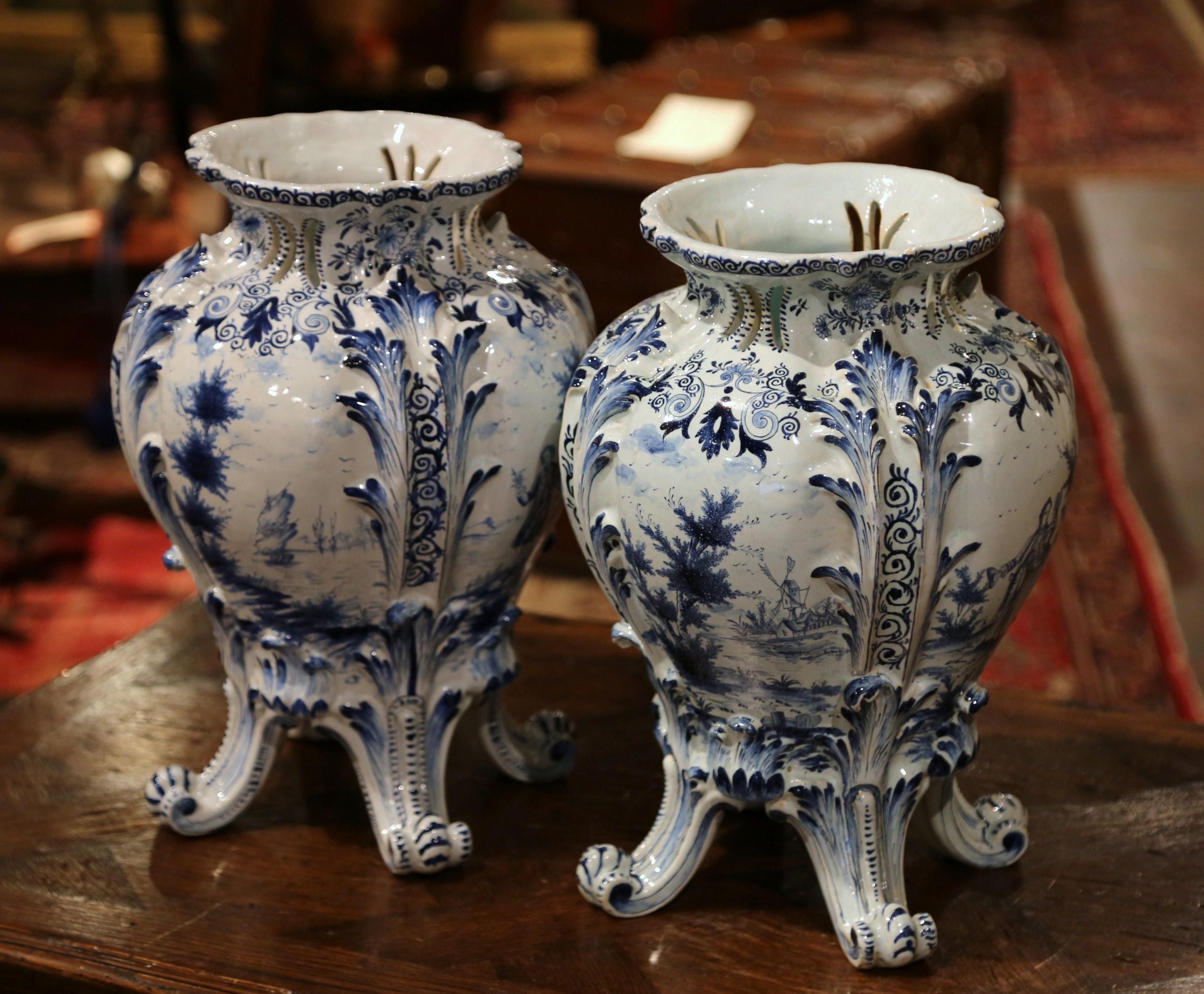 Pair of 18th Century French Blue and White Hand Painted Faience Delft Tureens 4