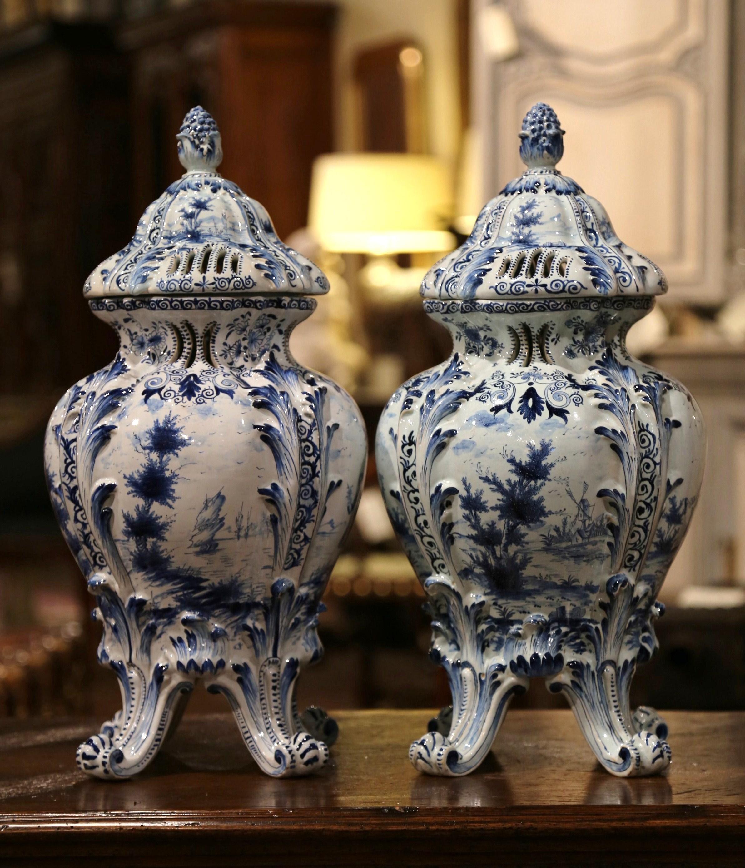 Pair of 18th Century French Blue and White Hand Painted Faience Delft Tureens 5