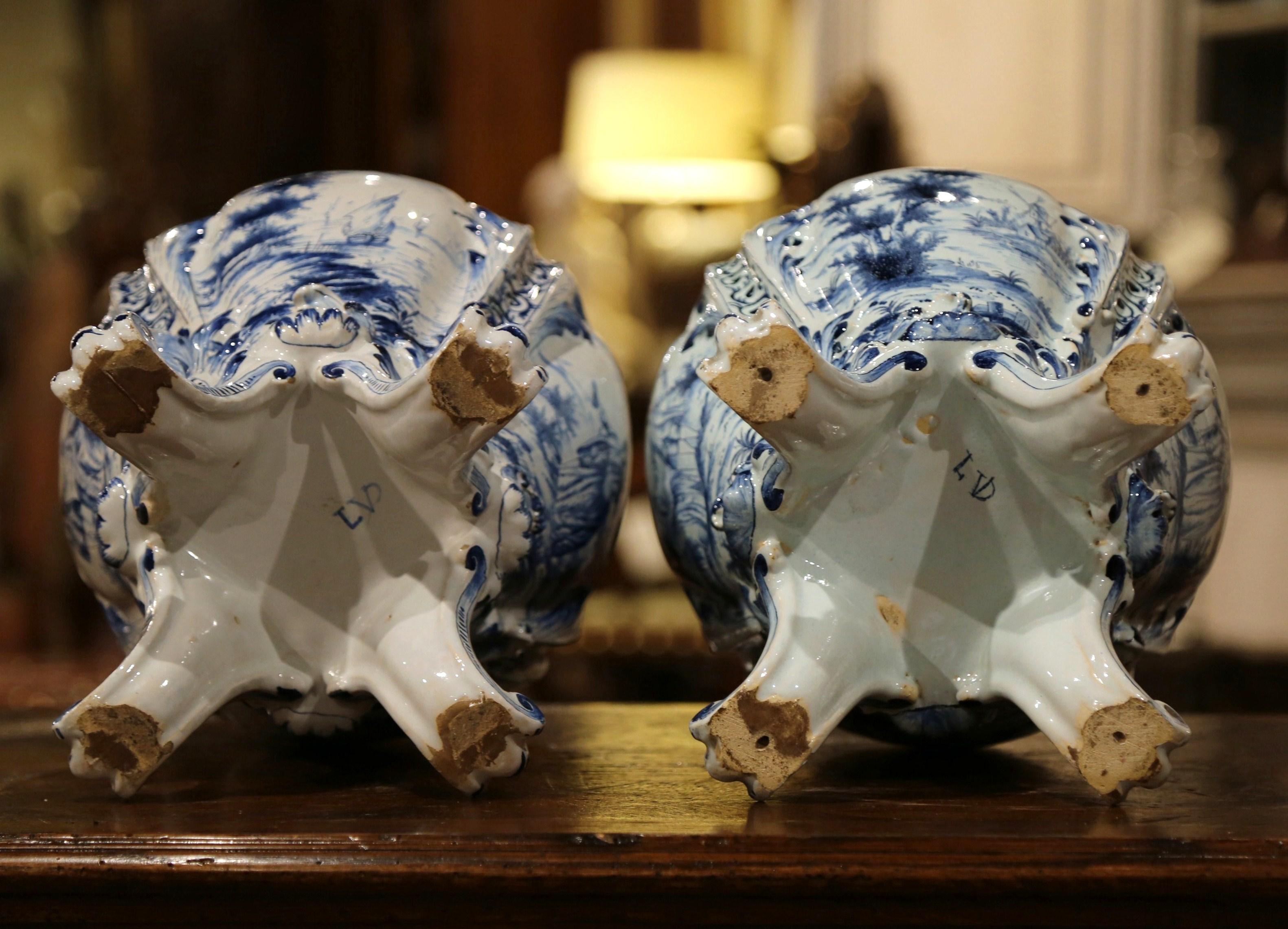 Pair of 18th Century French Blue and White Hand Painted Faience Delft Tureens 6