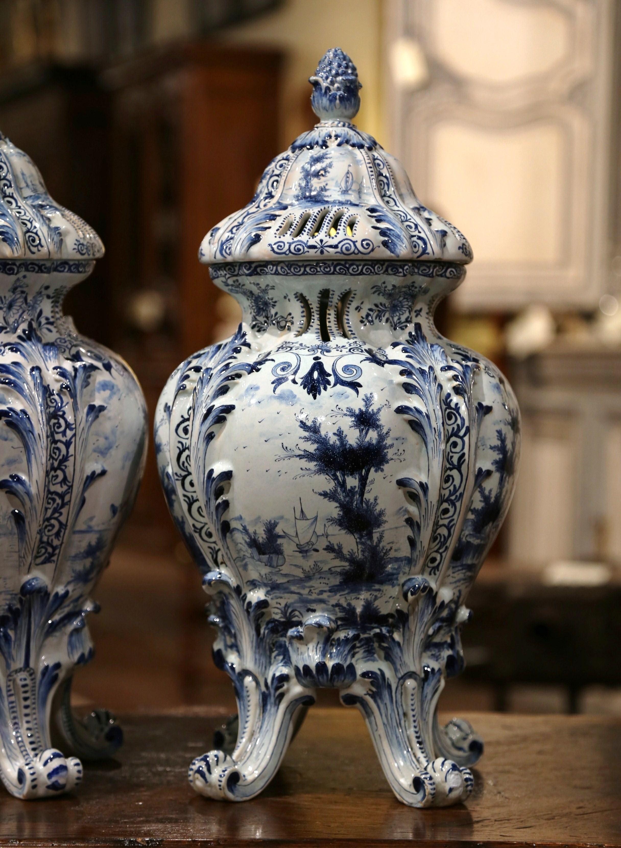 Hand-Crafted Pair of 18th Century French Blue and White Hand Painted Faience Delft Tureens