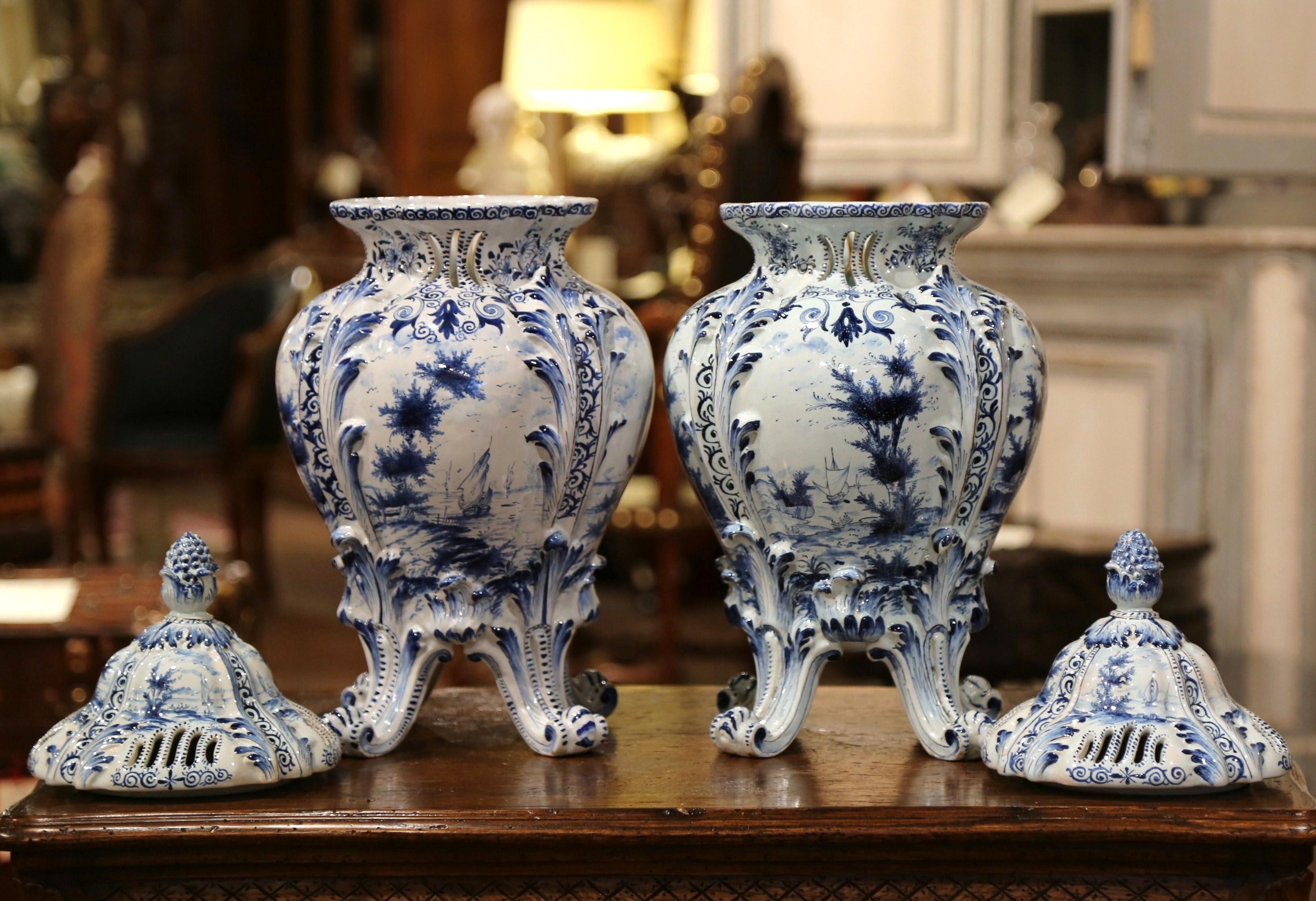 Ceramic Pair of 18th Century French Blue and White Hand Painted Faience Delft Tureens