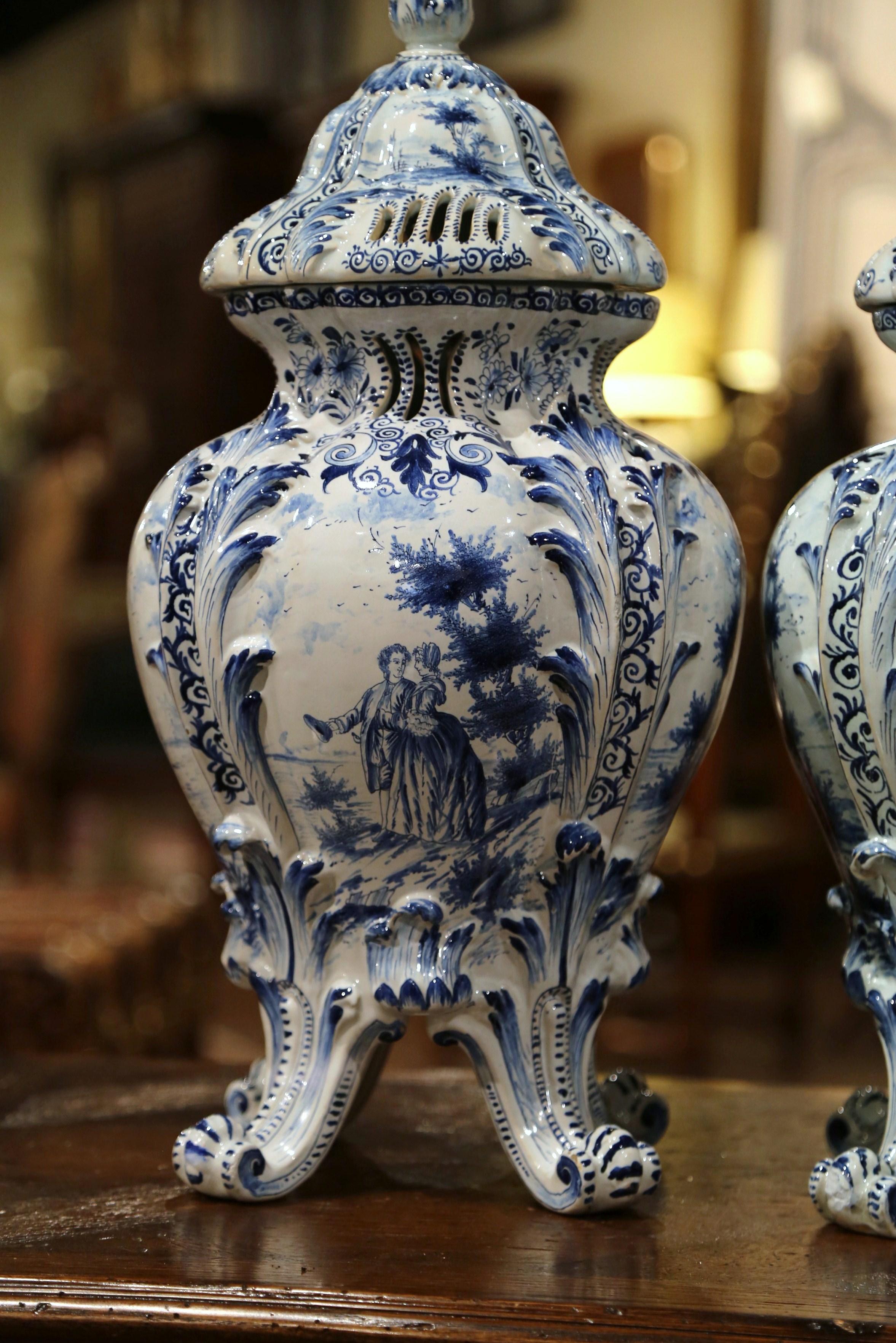 Pair of 18th Century French Blue and White Hand Painted Faience Delft Tureens 2
