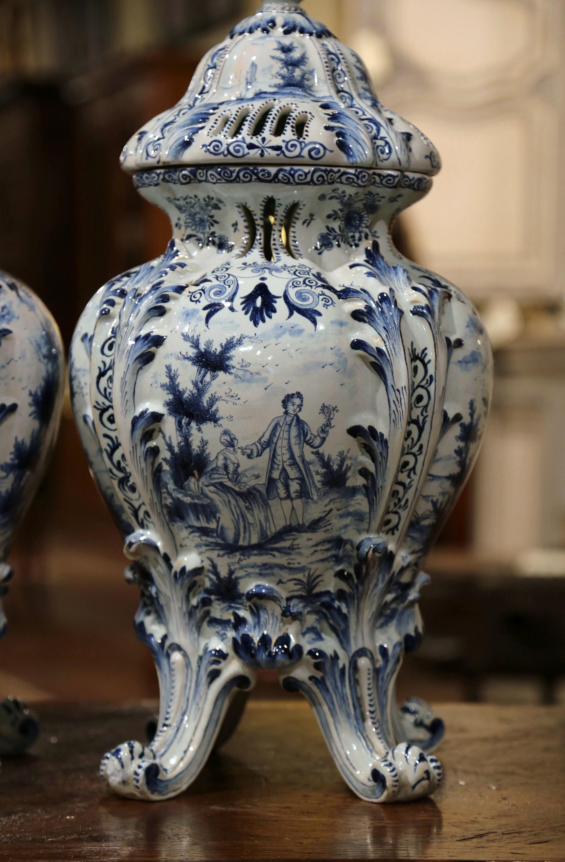 Pair of 18th Century French Blue and White Hand Painted Faience Delft Tureens 3