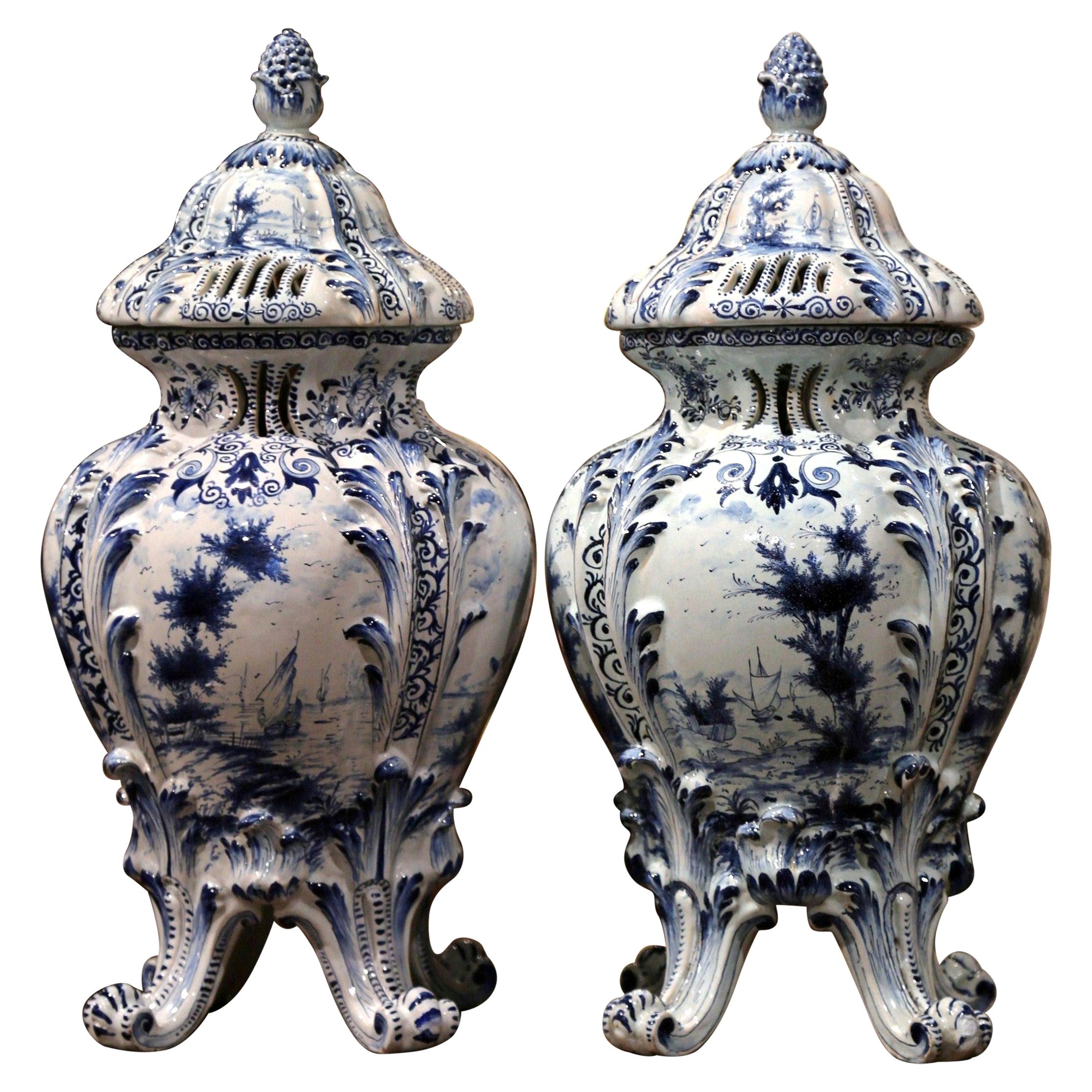 Pair of 18th Century French Blue and White Hand Painted Faience Delft Tureens