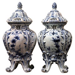 Pair of 18th Century French Blue and White Hand Painted Faience Delft Tureens