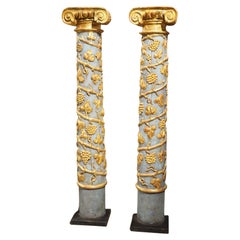 Pair of 18th Century French Blue Painted and Gilt Grape Vine Columns, Iron Bases