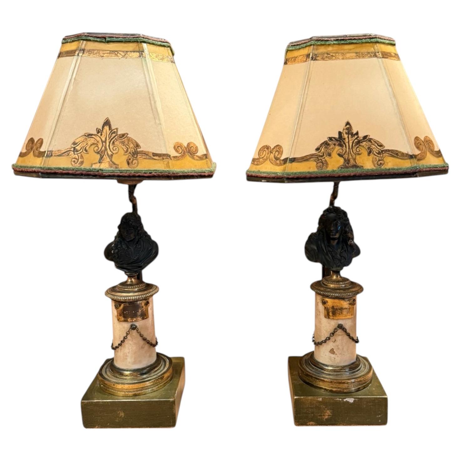Pair of 18th Century French Bronze and Marble Statuette Miniature Lamps