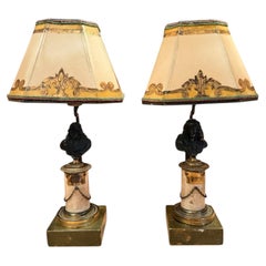 Pair of 18th Century French Bronze and Marble Statuette Miniature Lamps