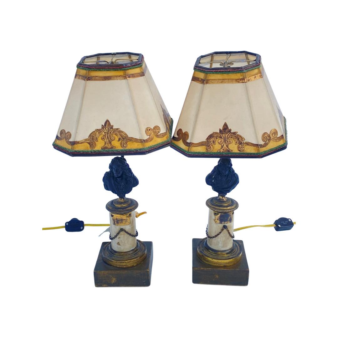 Cast Pair of 18th Century French Bronze and Marble Table Lamps For Sale