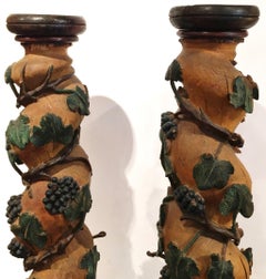 Pair of 18th Century French Carved Polychrome Columns with Vines, Grapes, Leaves