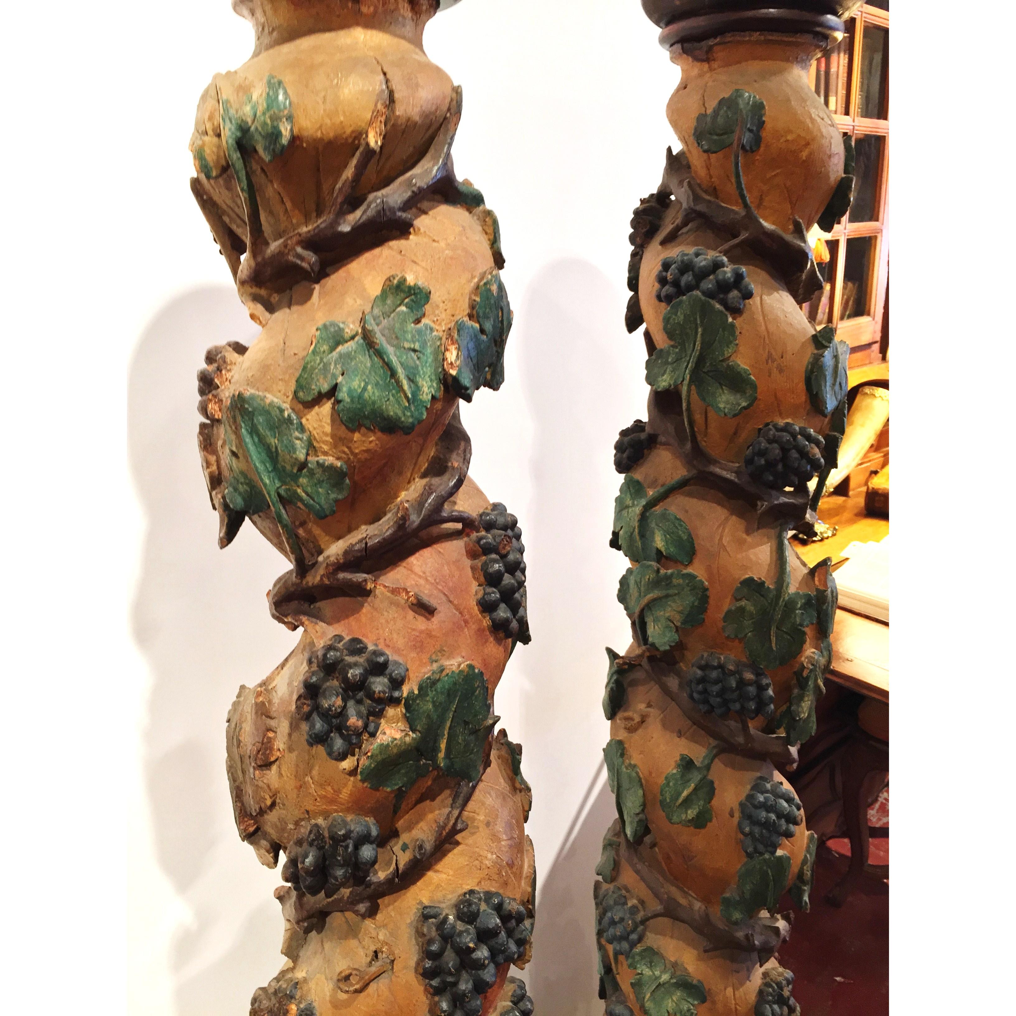 Rococo Pair of 18th Century French Carved Polychrome Columns with Vines, Grapes, Leaves