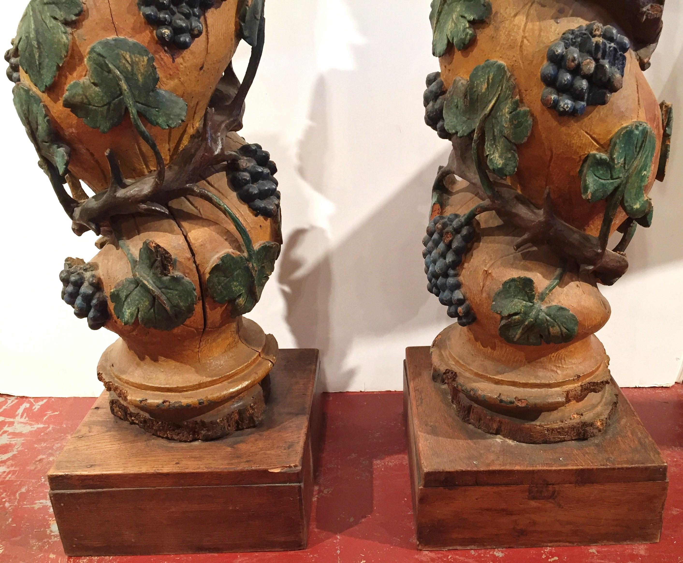 Hand-Carved Pair of 18th Century French Carved Polychrome Columns with Vines, Grapes, Leaves