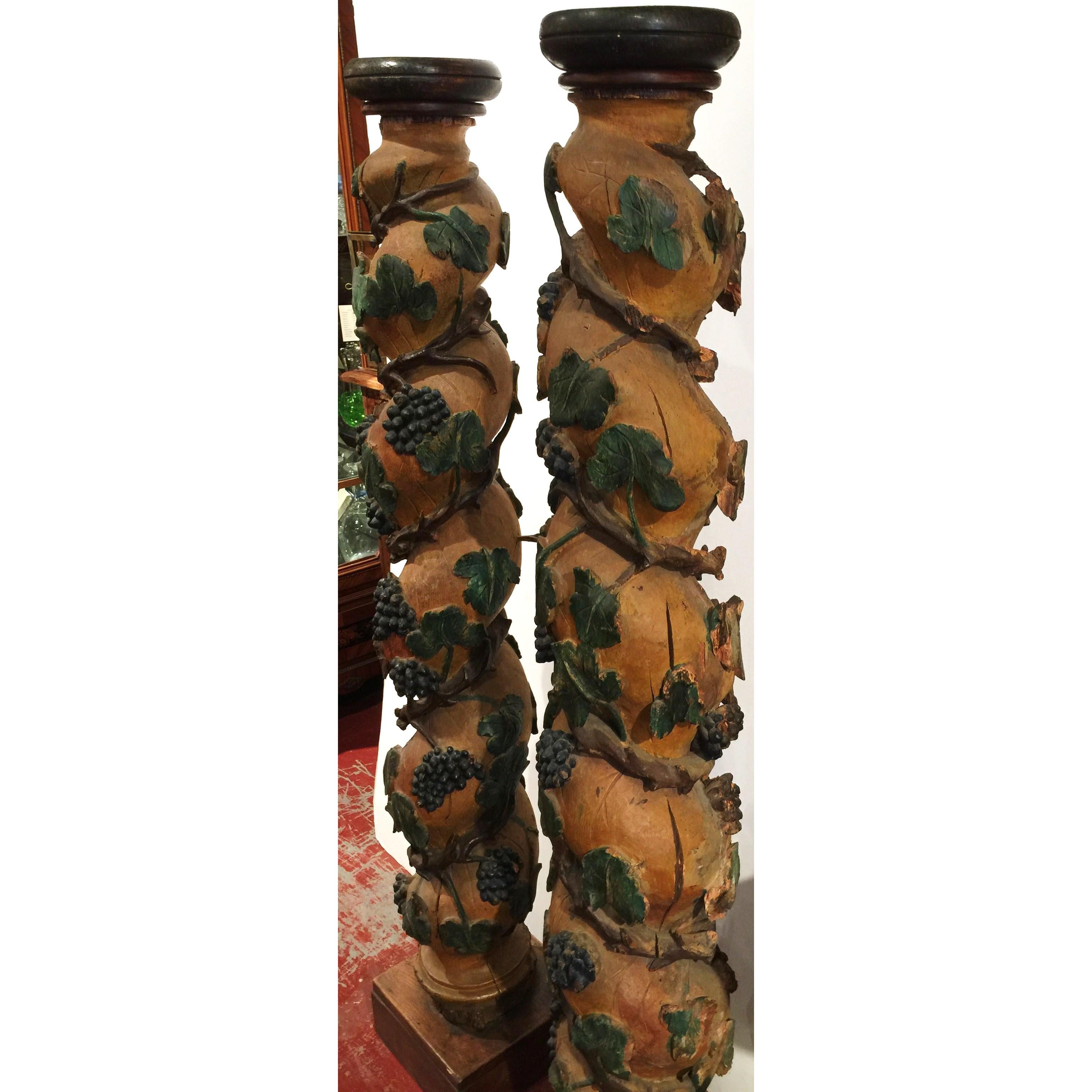 Oak Pair of 18th Century French Carved Polychrome Columns with Vines, Grapes, Leaves