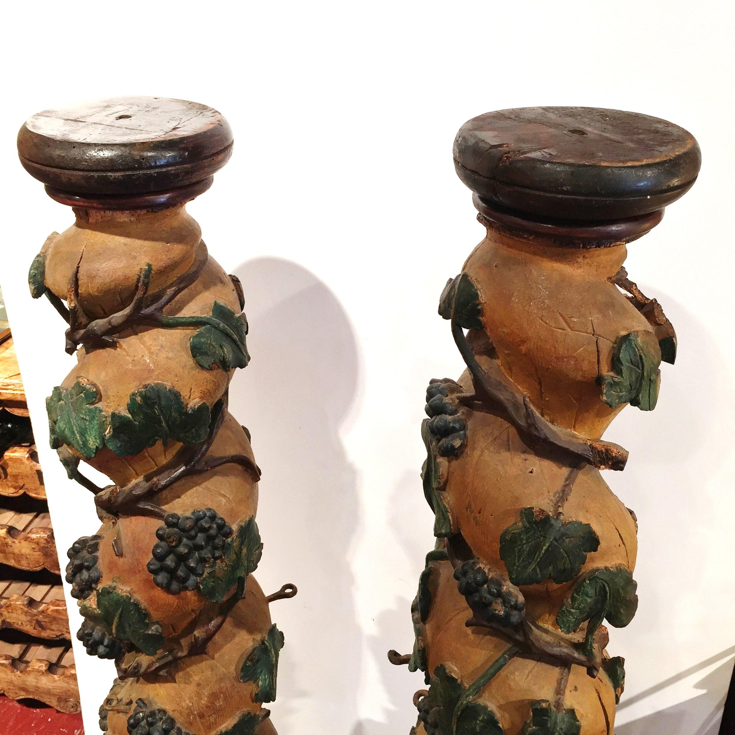 Pair of 18th Century French Carved Polychrome Columns with Vines, Grapes, Leaves 1