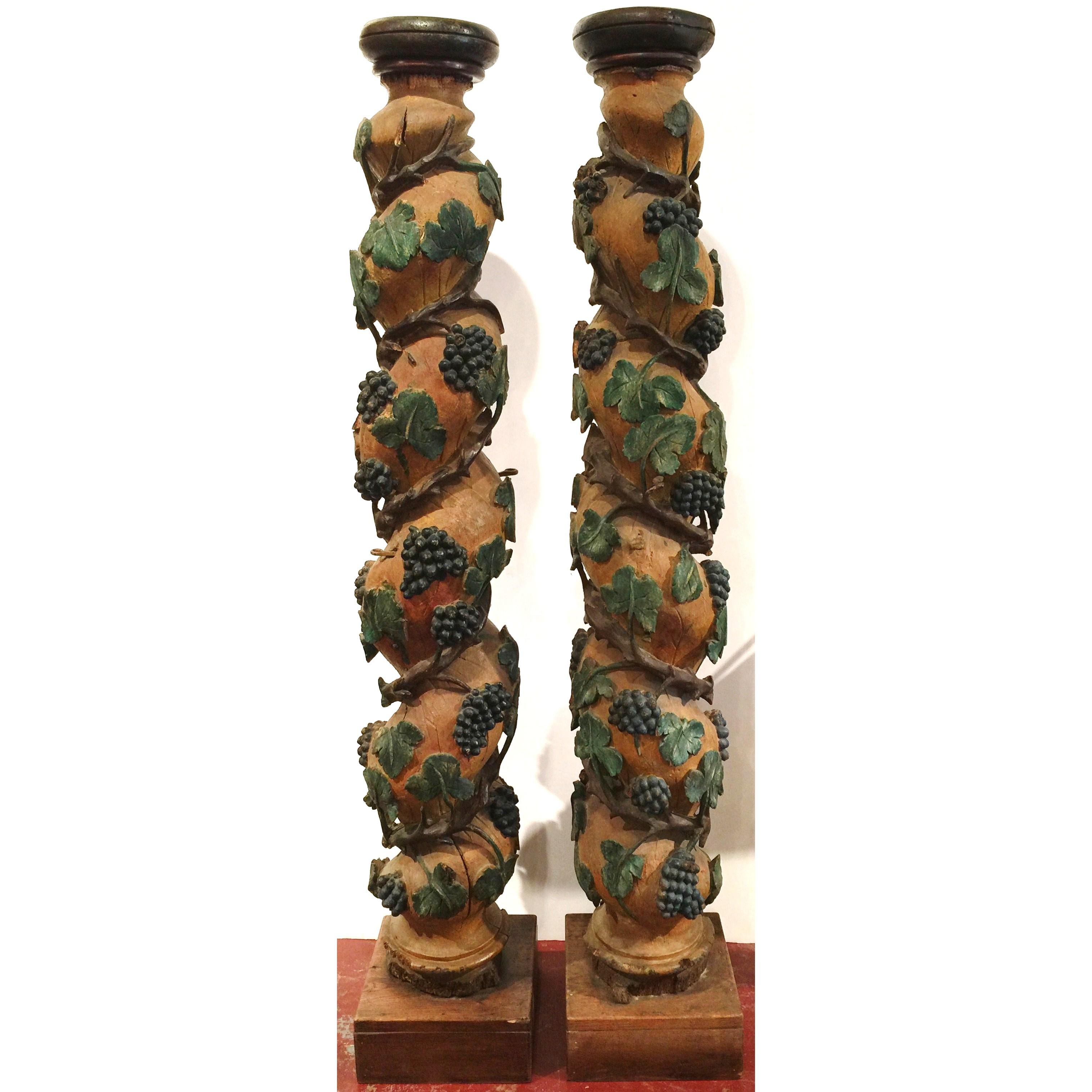 Pair of 18th Century French Carved Polychrome Columns with Vines, Grapes, Leaves 2