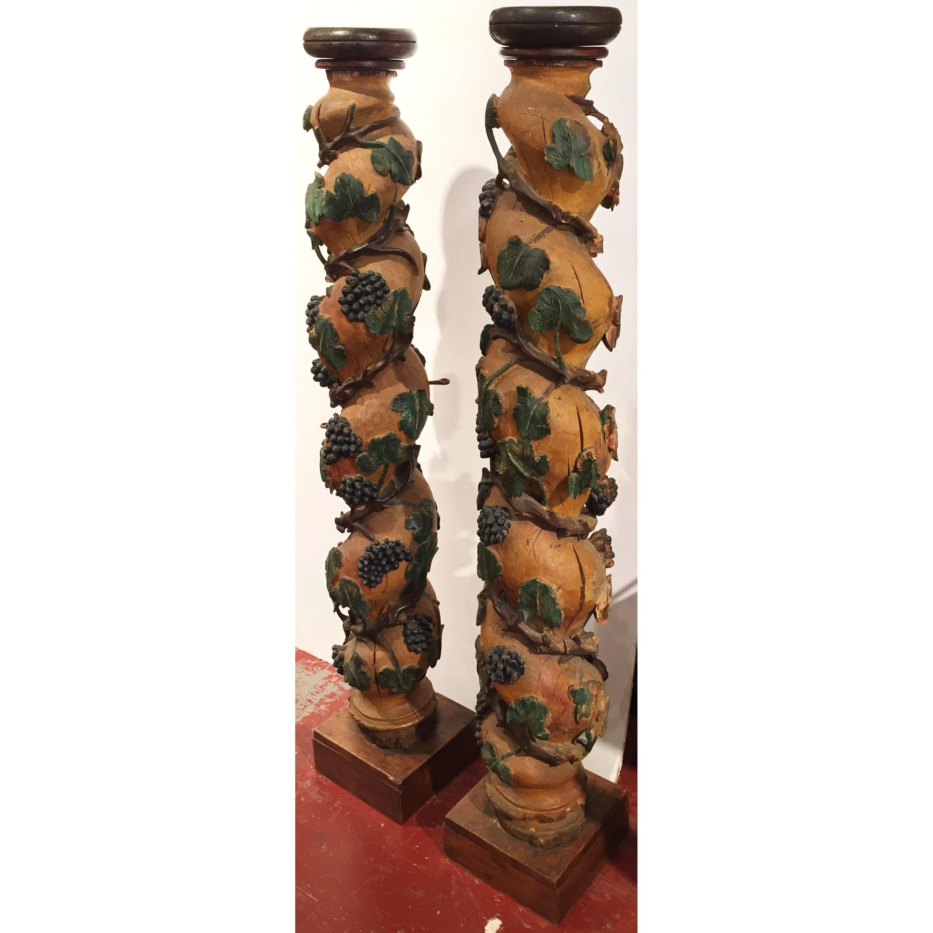 Pair of 18th Century French Carved Polychrome Columns with Vines, Grapes, Leaves 3
