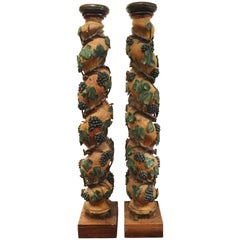 Pair of 18th Century French Carved Polychrome Columns with Vines, Grapes, Leaves