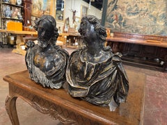 Pair of 18th Century French Carved Polychrome Male & Female Bust Wall Sculptures