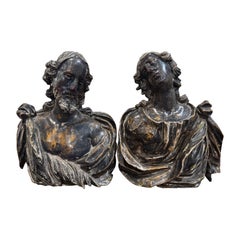 Pair of 18th Century French Carved Polychrome Male & Female Bust Wall Sculptures