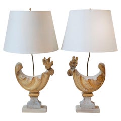 Antique Pair of 18th-Century French Carved Wood Rooster-Form Table Lamps