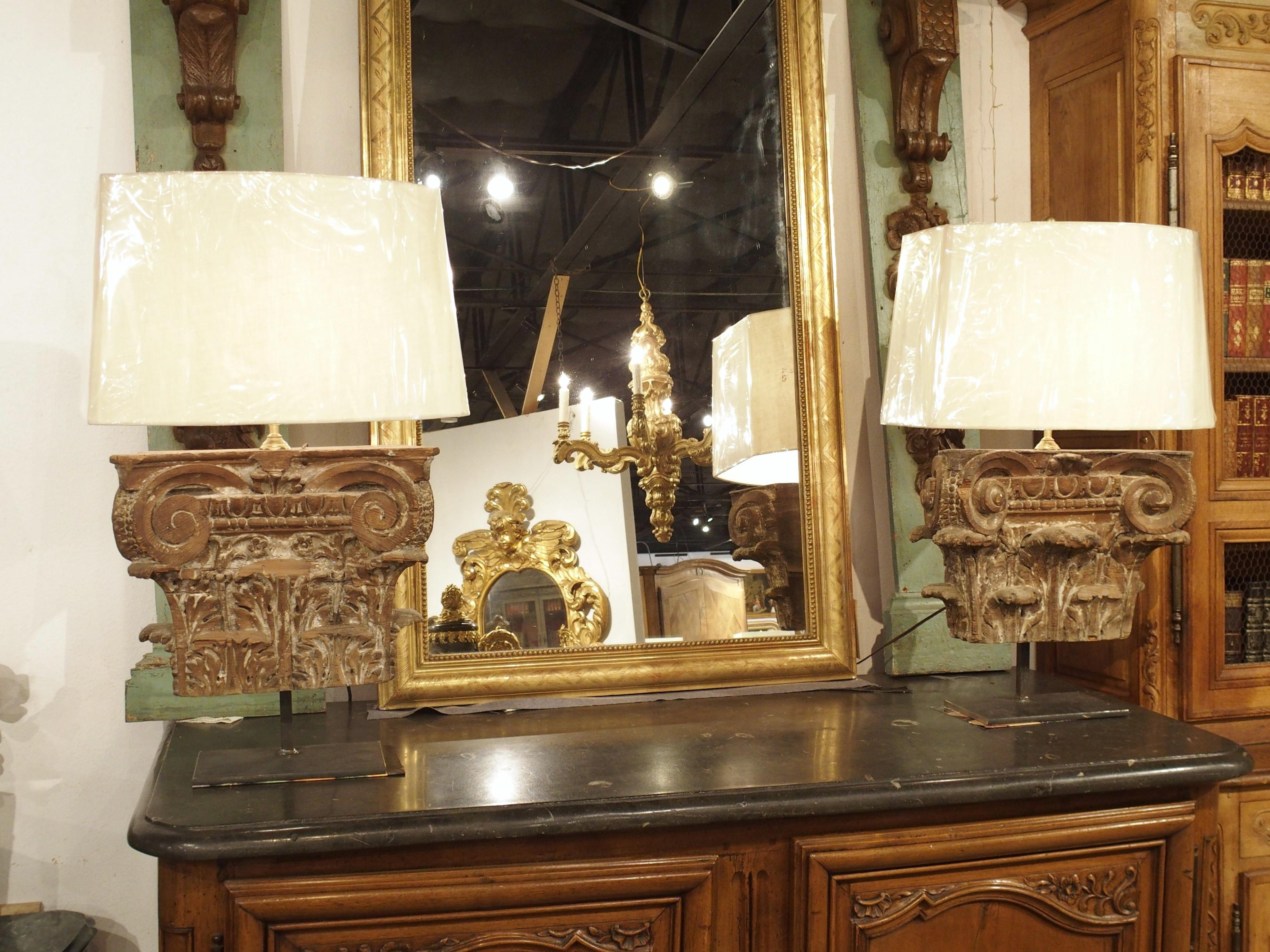 Neoclassical Pair of 18th Century French Carved Wooden Capitals Mounted as Lamps For Sale