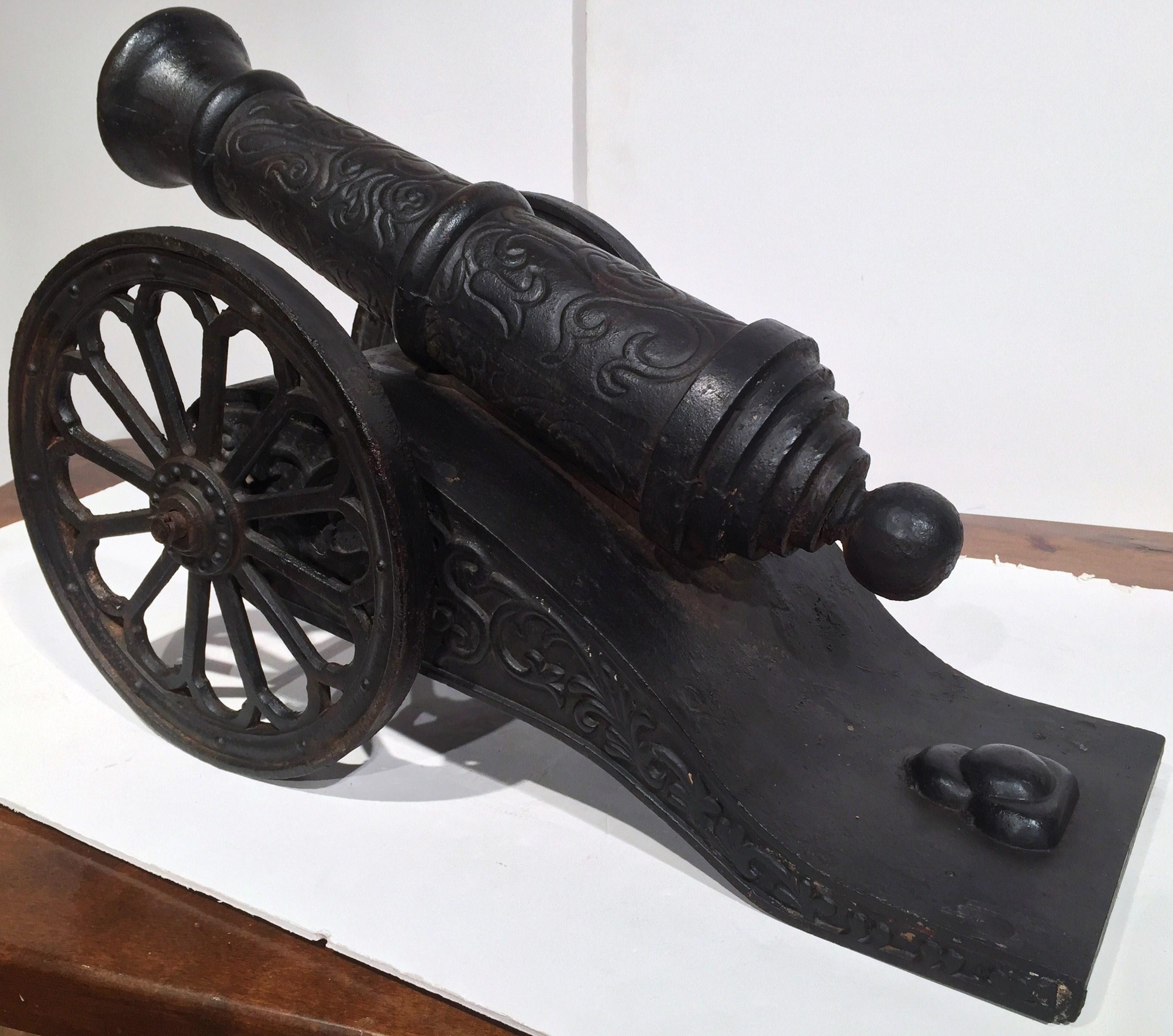 Pair of 18th Century French Patinated Decorative Wrought Iron Cannons on Wheels 6