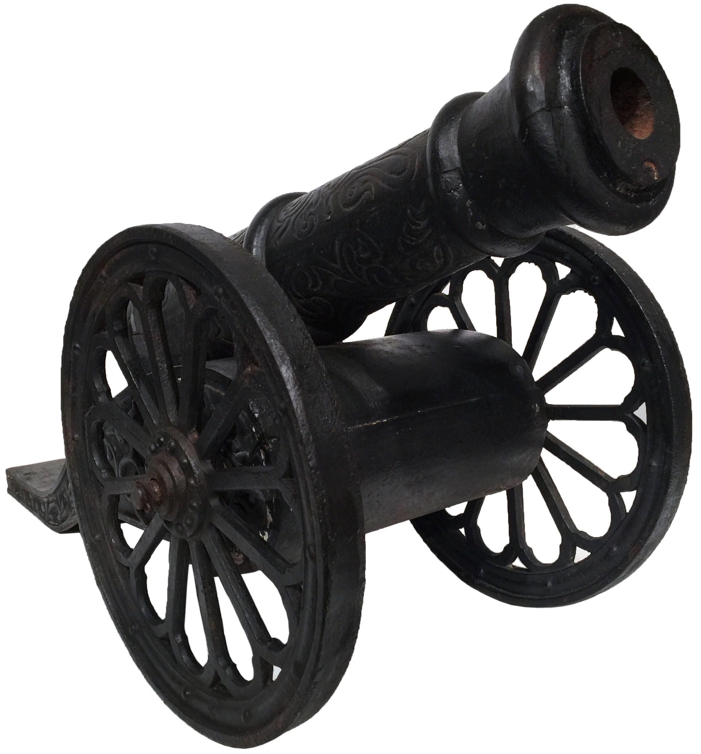 Hand-Crafted Pair of 18th Century French Patinated Decorative Wrought Iron Cannons on Wheels