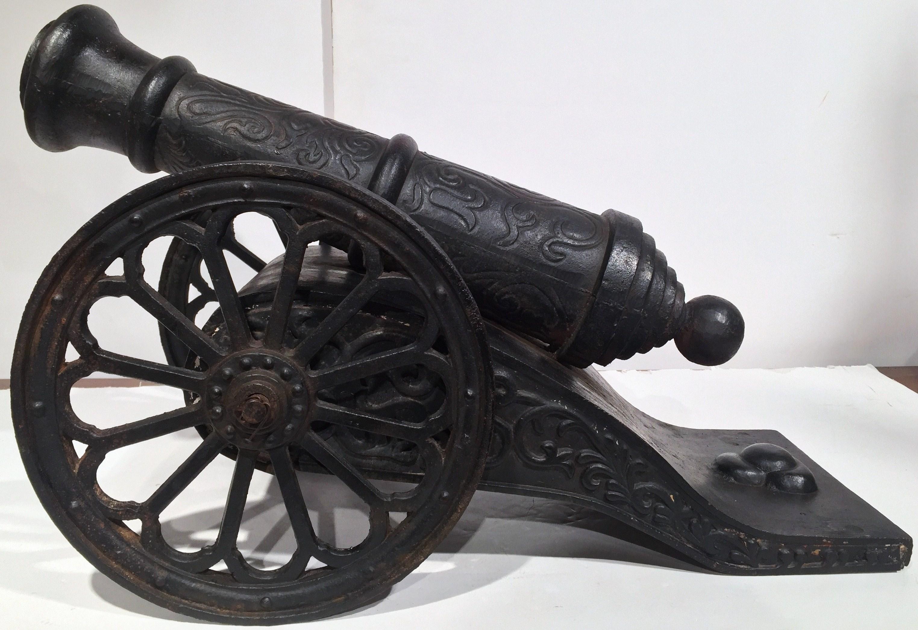 Pair of 18th Century French Patinated Decorative Wrought Iron Cannons on Wheels 1