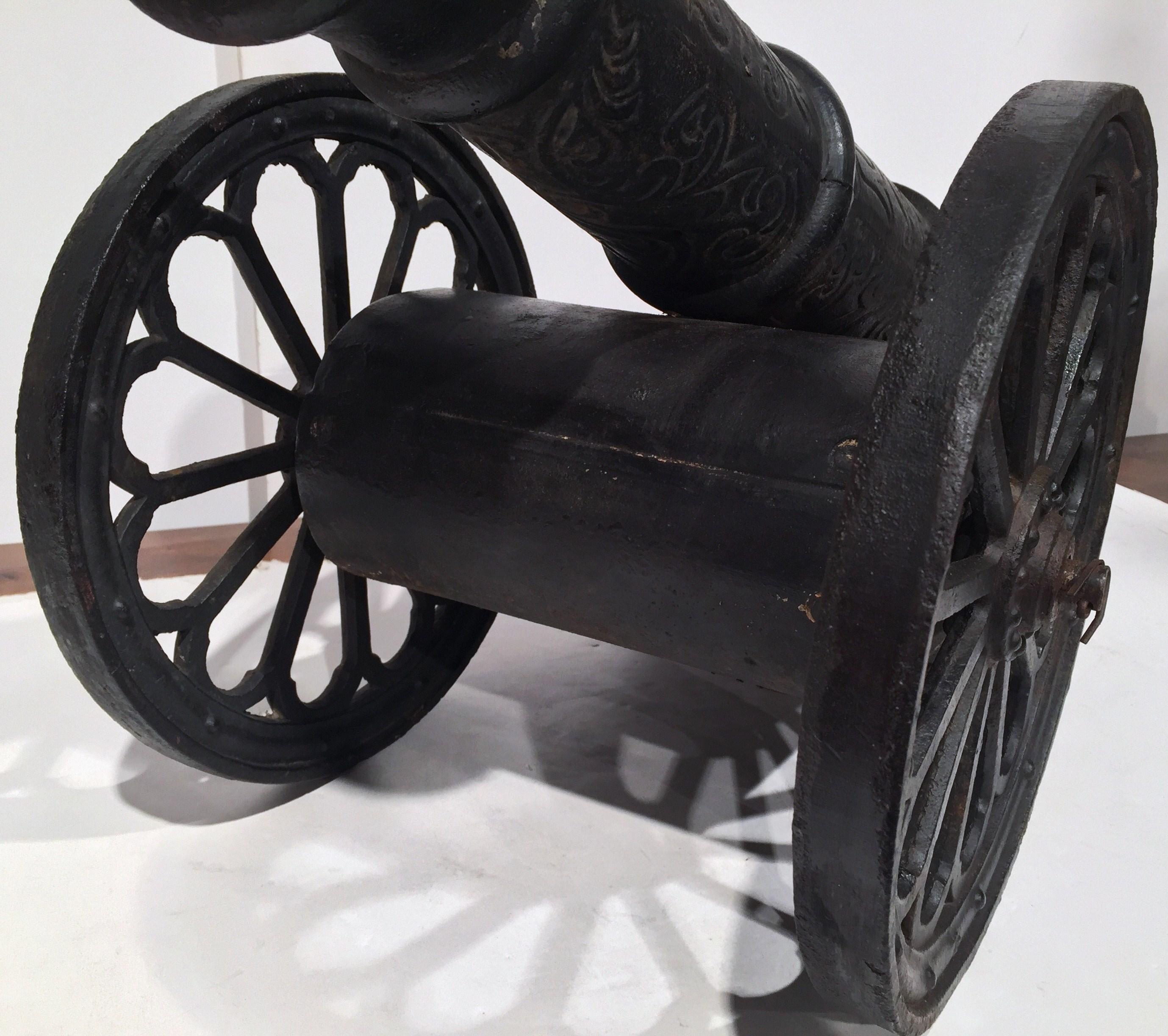 Pair of 18th Century French Patinated Decorative Wrought Iron Cannons on Wheels 4