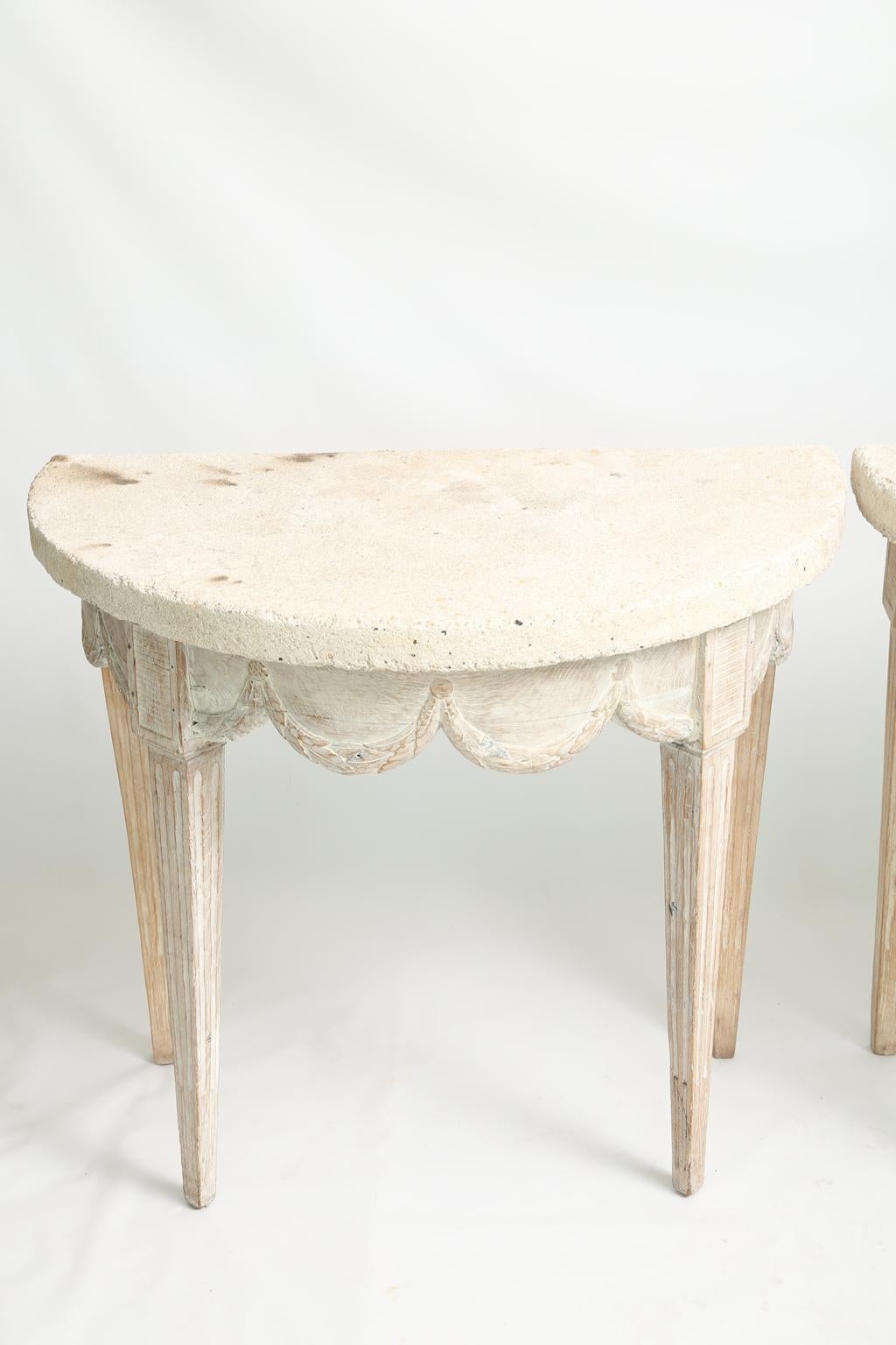 Painted Pair of 18th Century French Demilune Consoles with Concrete Tops